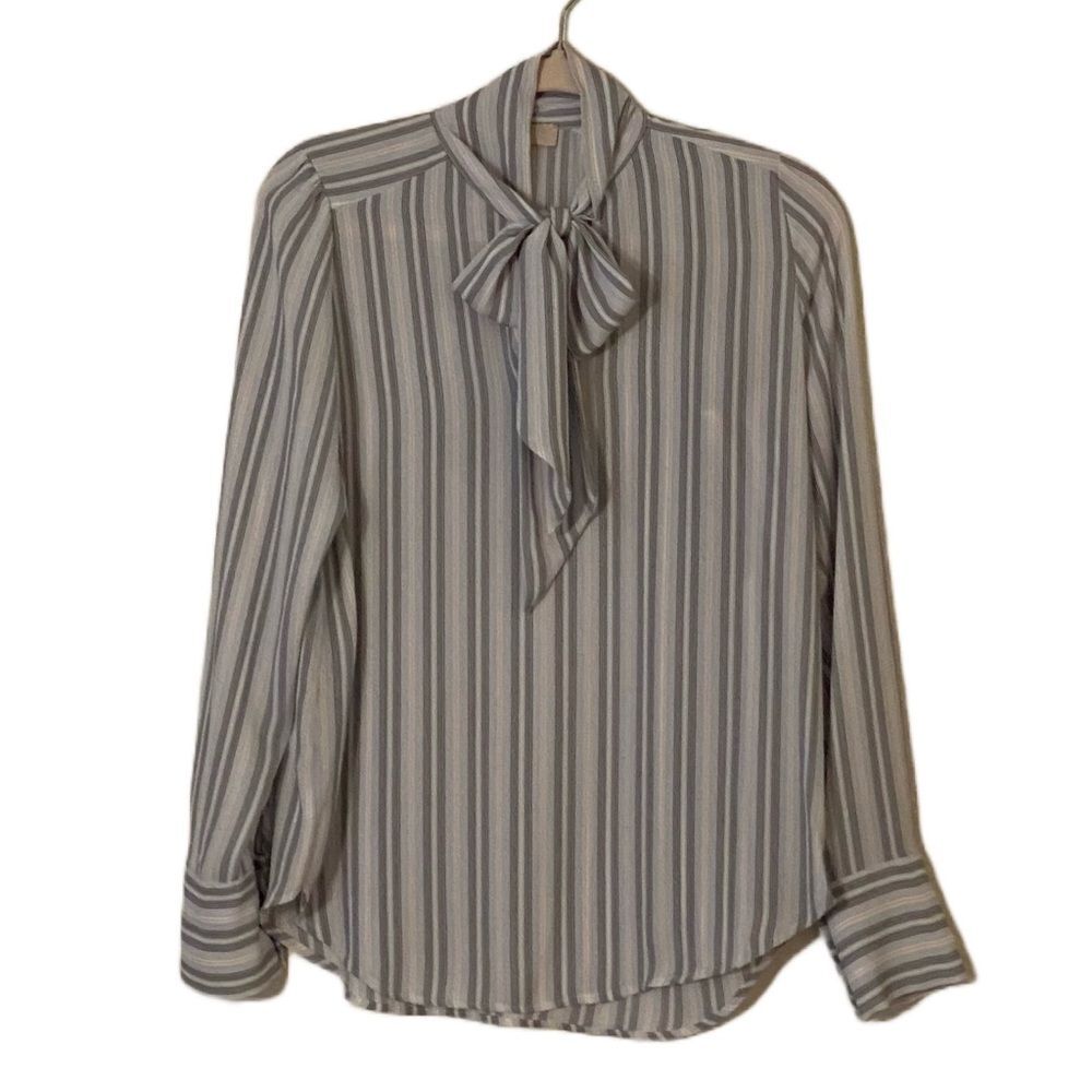 - Loft White with Blue and Peach Stripes and Tie Front